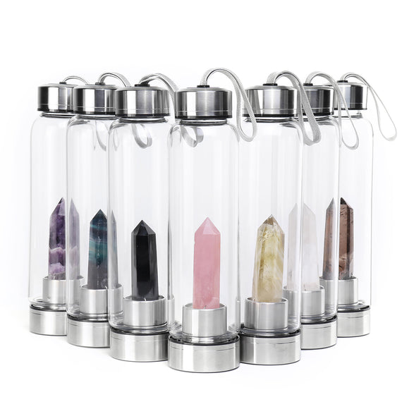 Natural Gemstone Crystal Obelisk Healing Wand Quartz + Glass Drink Water Bottle