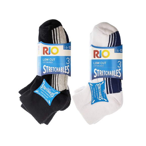 Rio 6 Pack Low Cut Cotton Rich Stretchables Cushion Black White Mens Socks SYHD3G Bulk