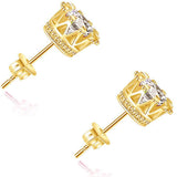 14k Yellow Gold Plated Crown Women Men CZ Crystal Solitaire Stud Earrings Small
