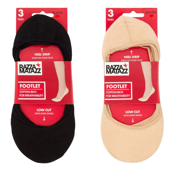 3 Pair Razzamatazz Footlet Cotton Rich Low Cut No Show Heel Women Socks HXU63G