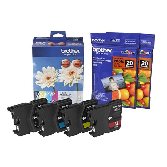 GENUINE Brother LC39PVP 4 Colours Photo Value Pack Ink Cartridge + Photo Papers