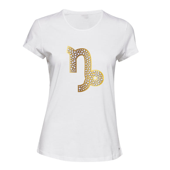 Capricorn Zodiac Gold Sign Luxury Diamond White Ladies Women T Shirt Tee Top