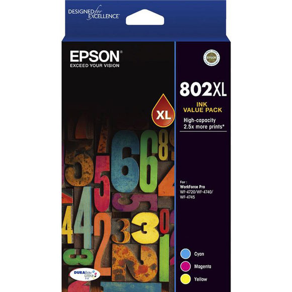 GENUINE Epson 802XL 3 Colours Value Pack High Capacity Ink Cartridge T356592
