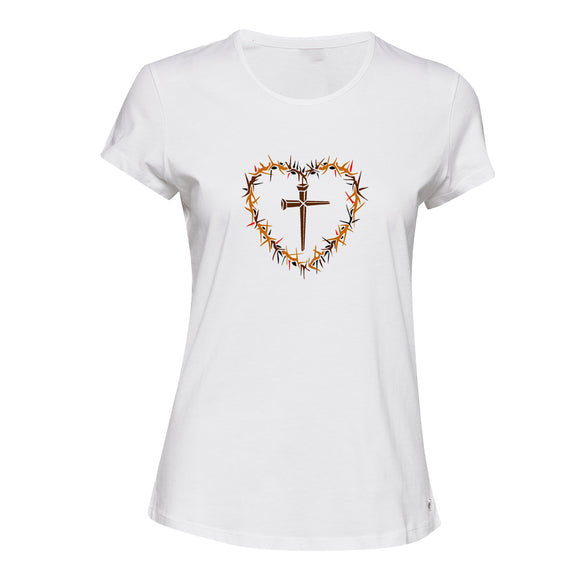 Crown of Thorns Heart Christian Cross Jesus White Ladies Women T Shirt Tee Top