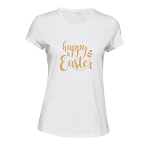 Gorgeous Happy Easter Egg Gold Text White Ladies Women T Shirt Tee Top Female