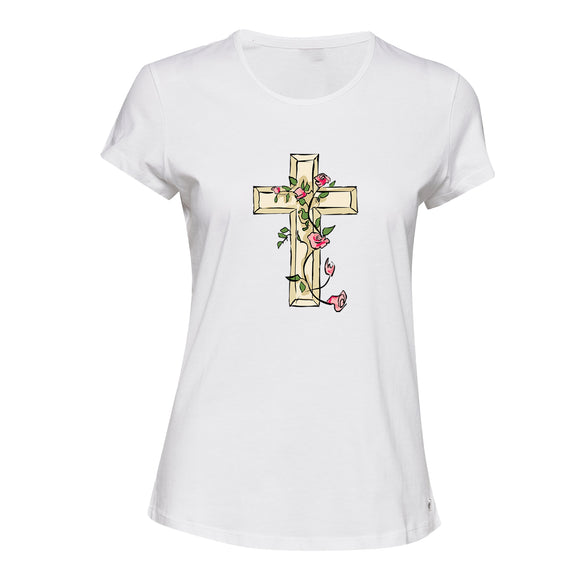 Jesus Cross Good Friday Rose Christian White Ladies Women T Shirt Tee Top Female