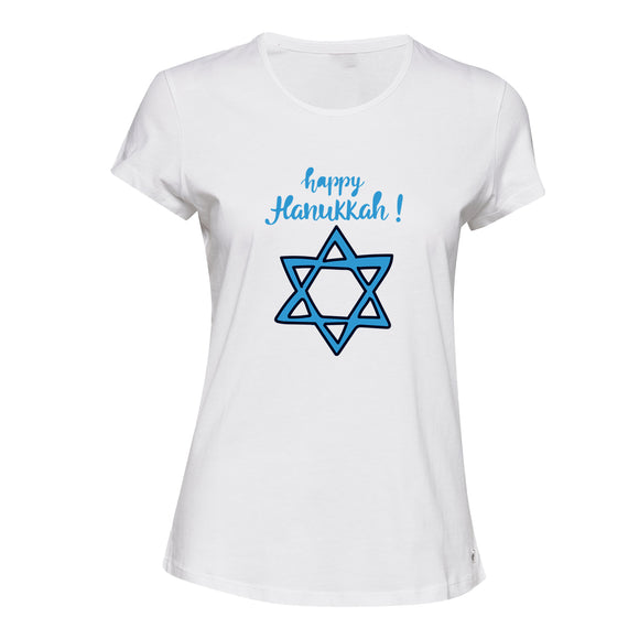 Israel Blue Flag Symbol Happy Hanukkah White Ladies Women T Shirt Tee Top Female
