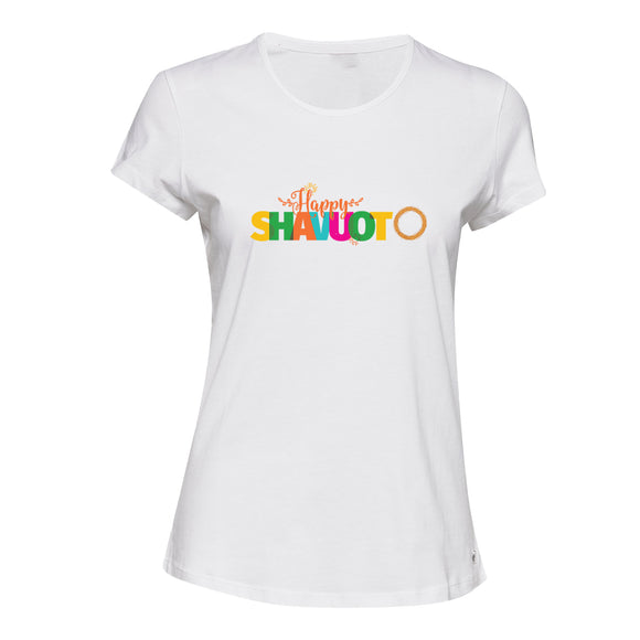 Jewish Happy Shavuot Colourful Text White Ladies Women T Shirt Tee Top Female