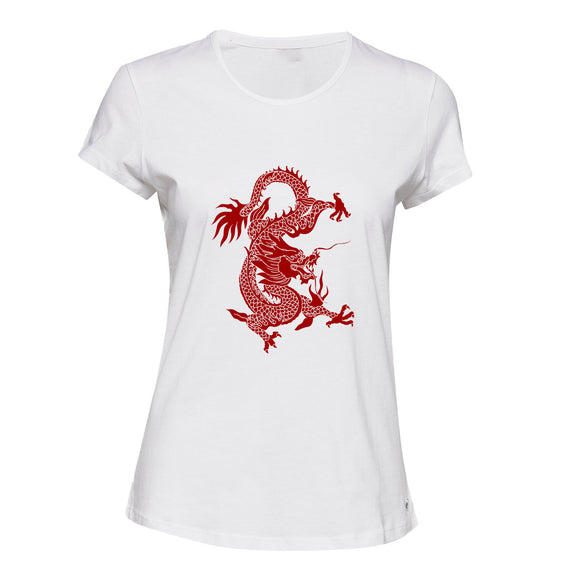 Aesthetic Red Chinese Dragon Firedrake White Female Ladies Women T Shirt Tee Top
