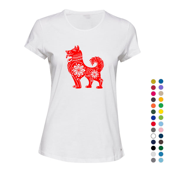Chinese Red Silhouette Lucky Fortune Wealth Dog Ladies Women T Shirt Tee Top