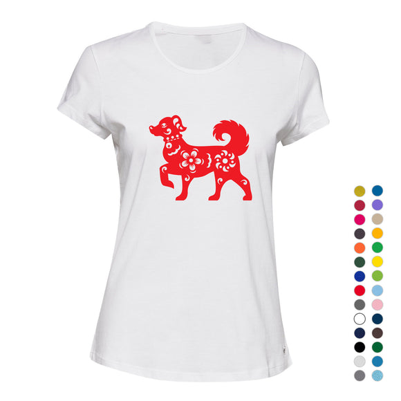 Chinese Red Silhouette Fortune Wealth Bitch Dog Ladies Women T Shirt Tee Top
