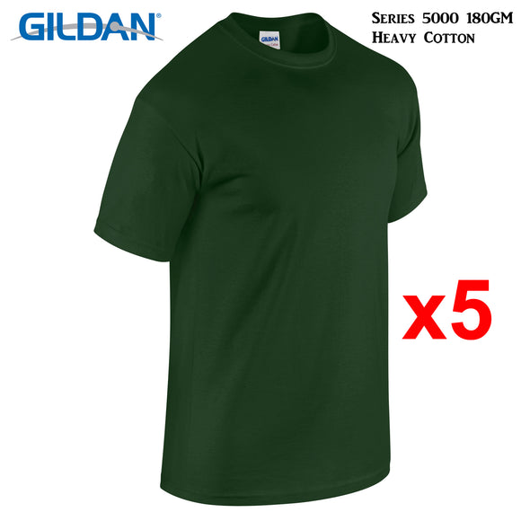 5 Packs Gildan T-SHIRT Blank Plain Basic Tee Men Heavy Cotton (Forest Green)