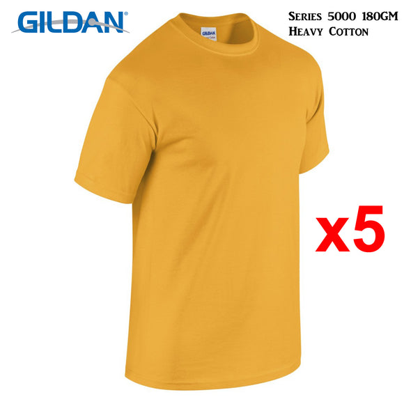 5 Packs Gildan T-SHIRT Blank Plain Basic Tee Men Heavy Cotton (Gold)