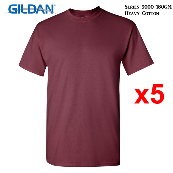 5 Packs Gildan T-SHIRT Blank Plain Basic Tee Men Heavy Cotton (Maroon)