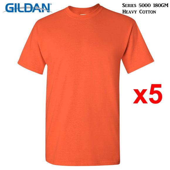 5 Packs Gildan T-SHIRT Blank Plain Basic Tee Men Heavy Cotton (Orange)