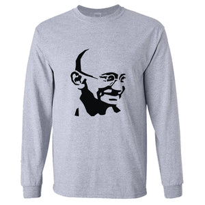 Mahatma Gandhi Hindi Indian Hero Men Long Sleeve T-Shirt Grey Basic Tee Top