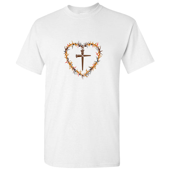 Crown of Thorns Heart Christian Cross Jesus Easter White Men T Shirt Tee Top