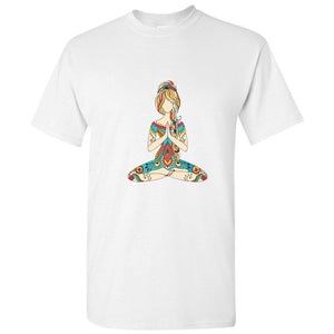 Meditating Yoga Woman Girl Buddha Cartoon White Men T-Shirt Shirt Tee Top