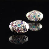Oval Egg Shape Silver Stud Colourful Purple Blue Stone Crystals Earrings