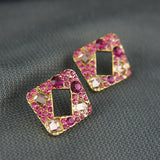 14k Yellow Gold Plated Cluster Pink Square Stud Crystals Earrings