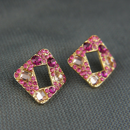 14k Yellow Gold Plated Cluster Pink Square Stud Crystals Earrings