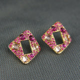 14k Yellow Gold Plated Cluster Pink Square Stud Crystals Earrings