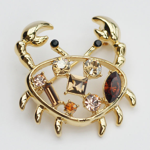 14k Gold plated with crystals crab brooch pin