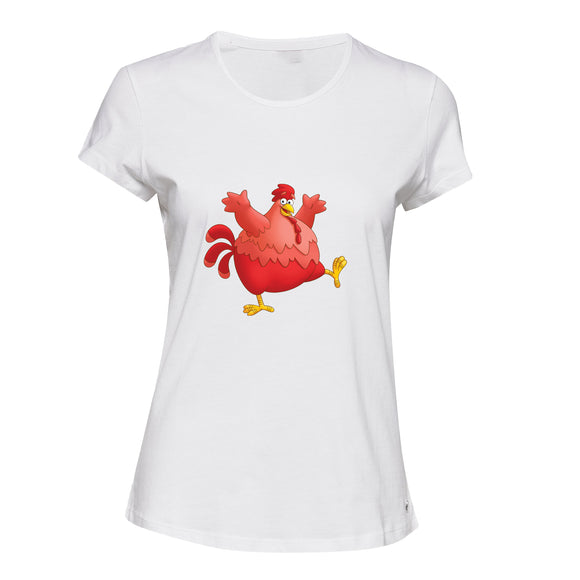 Red Fat Chubby Chicken Bird Cock Cartoon Art White Ladies Women T Shirt Tee Top